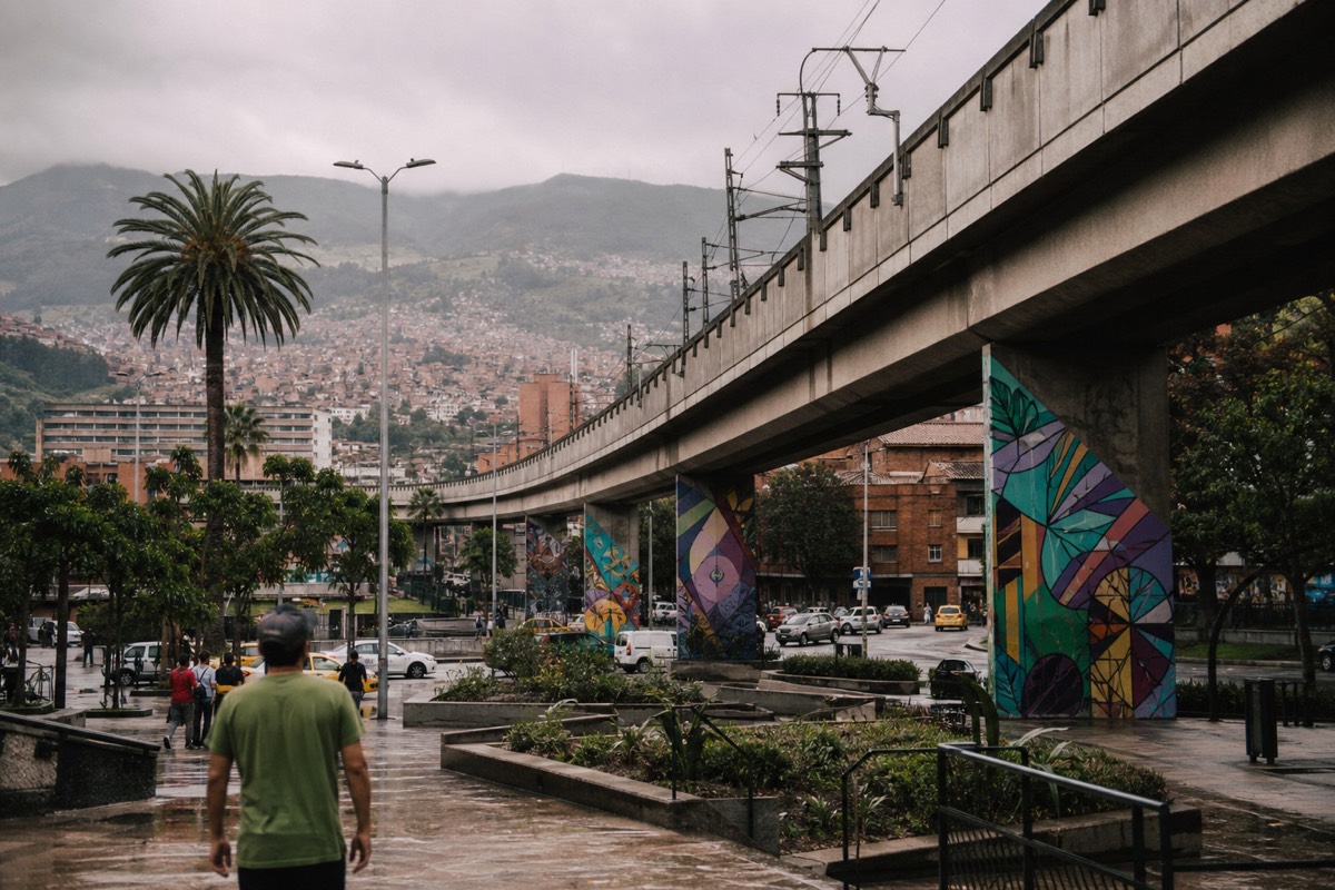 Medellín city plaza with the metro line in view, the start of a full-day city and Comuna 13 tour