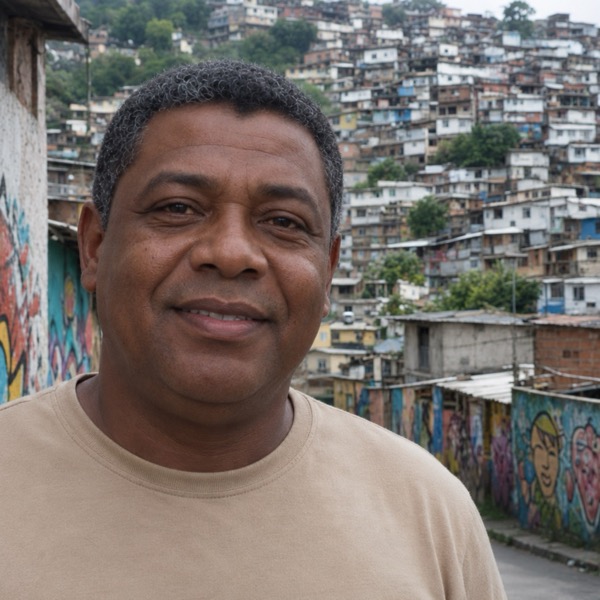 Andrés Restrepo, Comuna 13 tour guide and cultural specialist, in front of a mural wall with the San Javier hillside behind