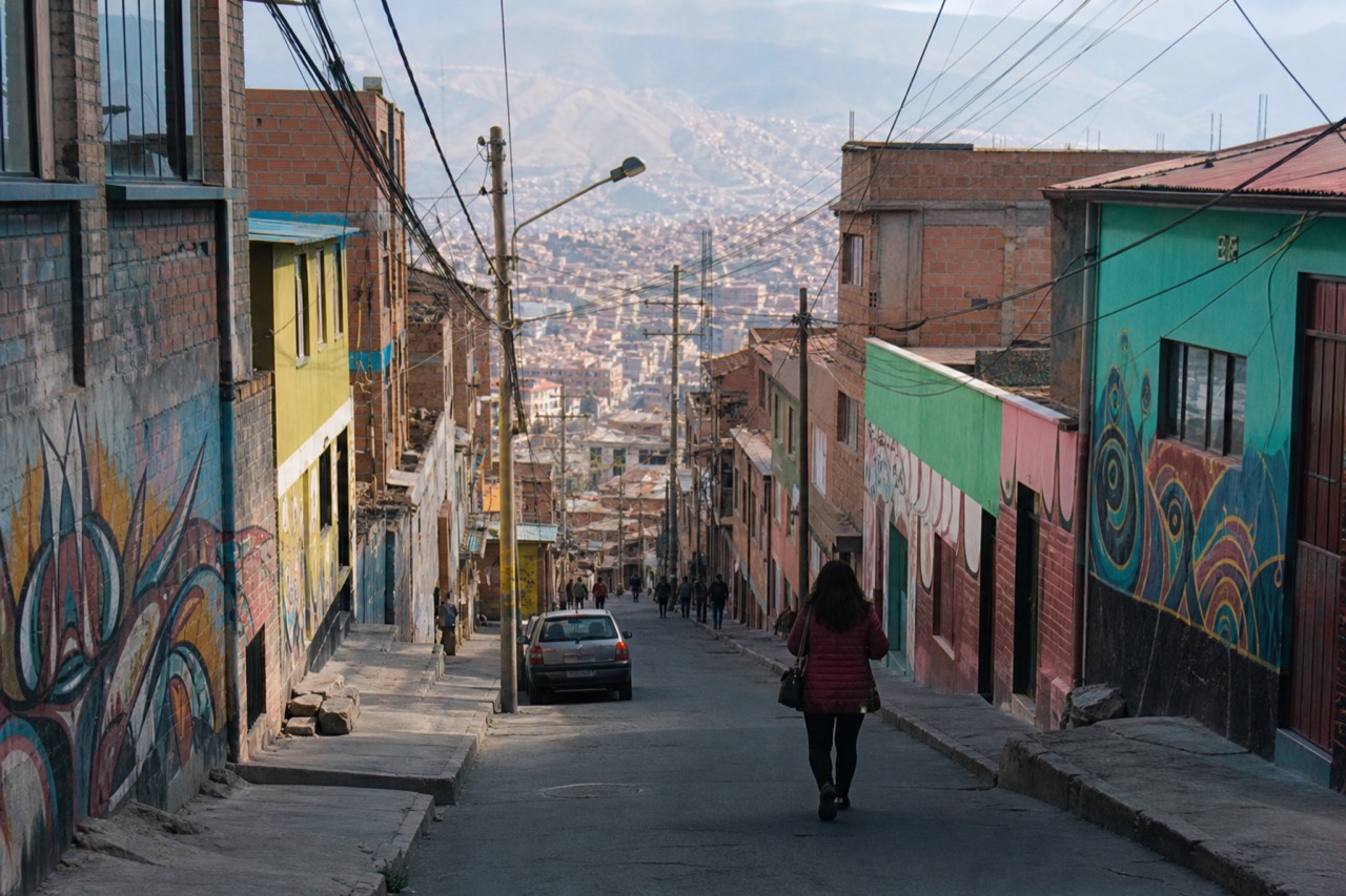 Steep hillside street of brick and painted houses with small shops open at ground level, residents walking, power lines overhead in bright daylight